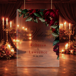 Panneau En Acrylique Accueil de mariage gothique floral vert rouge fonc
