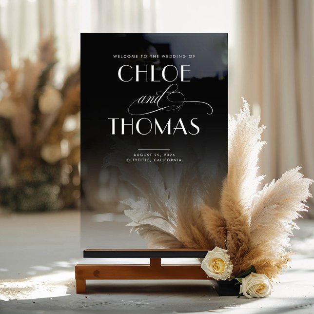 Panneau En Acrylique Accueil du Mariage Chic du bas transparent noir (Smokey Black Modern Wedding Welcome Sign)