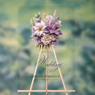 Panneau En Acrylique Accueil Mariage floral Mauve et Gold