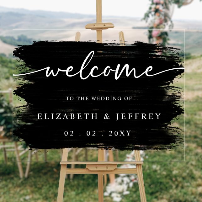 Panneau En Acrylique Accueil Mariage pour pinceaux noirs modernes (Modern Black Brush Strokes Wedding Welcome Acrylic Sign)