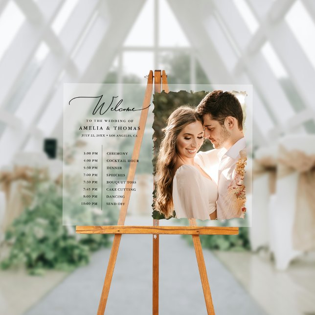 Panneau En Acrylique Accueil photo moderne et chronologie (Welcome your guests with our elegant acrylic sign that greets them and displays your event timeline.)