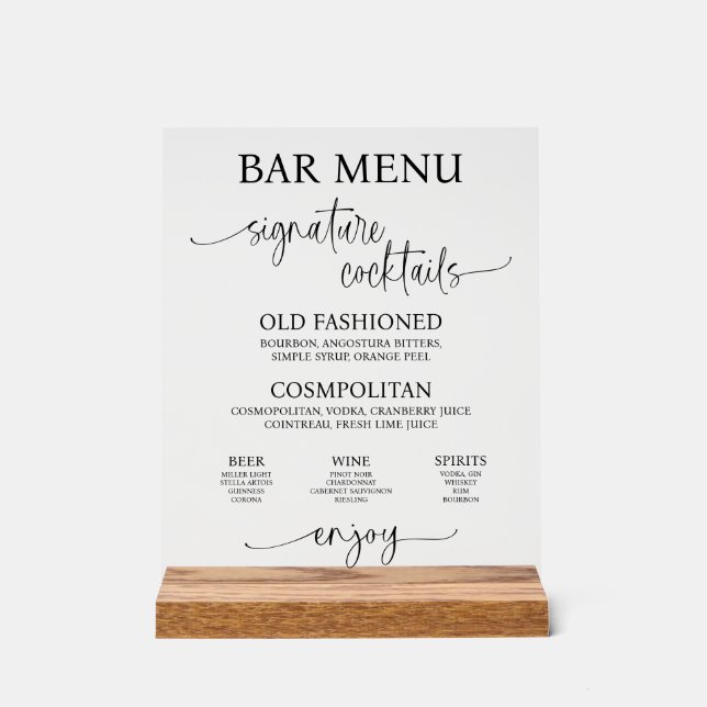 Panneau En Acrylique Acrylic Wedding Bar Menu Sign (Recto)