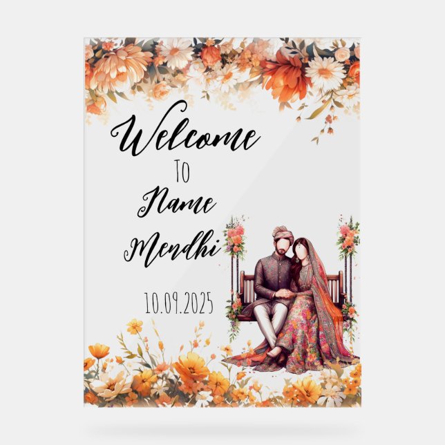 Panneau En Acrylique Acrylique floral orange signe Mendhi (Recto)