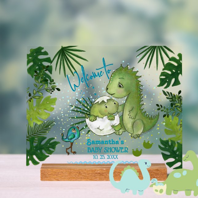 Panneau En Acrylique Adorable Aquarelle Dinosaures Baby shower Bienvenu ( Adorable Watercolor Dinosaurs Baby Shower Welcome Acrylic Sign )