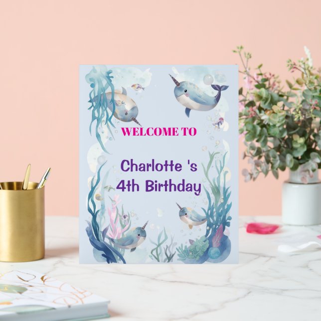 Panneau En Acrylique Adorable Chubby Narwhal Whale fish Seamless Sea Li (Mariage)