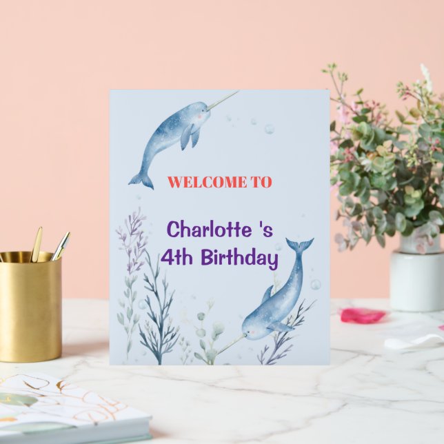 Panneau En Acrylique Adorable Chubby Narwhal Whale fish Seamless Sea Li (Mariage)