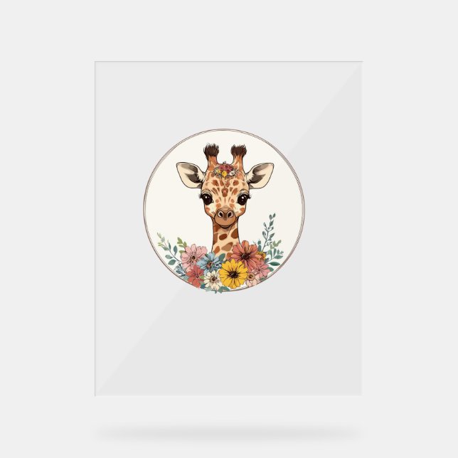 Panneau En Acrylique Adorable Giraffe Aux Fleurs (Recto)