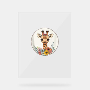 Panneau En Acrylique Adorable Giraffe Aux Fleurs