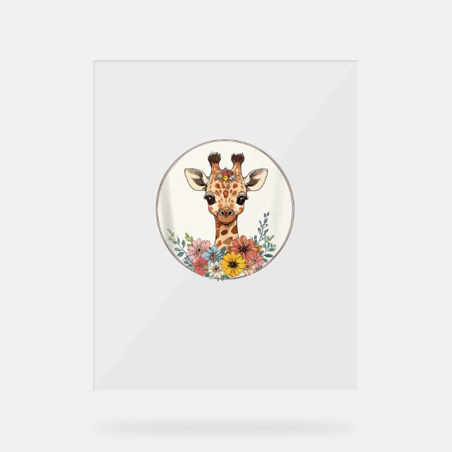 Panneau En Acrylique Adorable Giraffe Aux Fleurs (Recto)