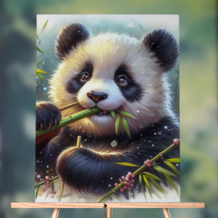 Panneau En Acrylique Adorable Ours De Panda Mangeant Bambou