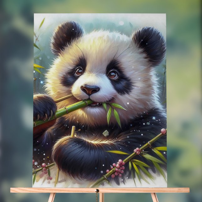 Panneau En Acrylique Adorable Ours De Panda Mangeant Bambou (Neutre)