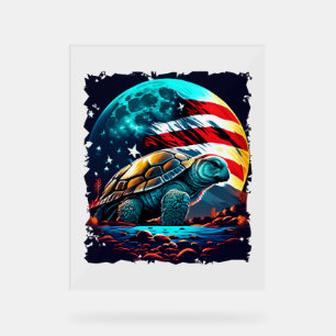 Panneau En Acrylique Amérique tortue sous lune avec drapeau américain