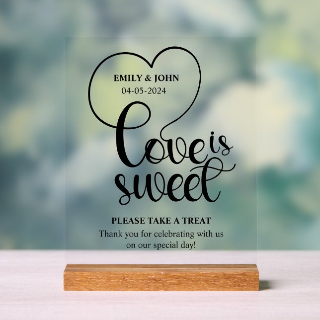 Panneau En Acrylique Amour Élégant Est Douce calligraphie Cœur Mariage (love is sweet wedding tabletop signs please take a treat dessert bar minimalist black and white)