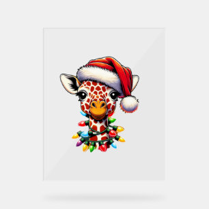 Panneau En Acrylique Amusant Retro Giraffe Lover Père Noël Christmas Tr