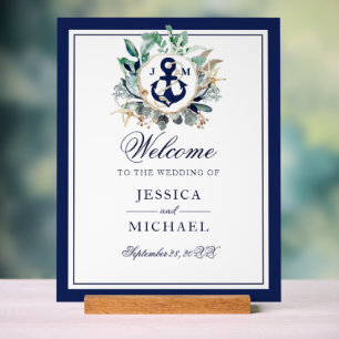 Panneau En Acrylique Ancre Monogramme Verdure Mariage de couronne Bienv
