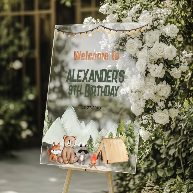 Panneau En Acrylique Anniversaire de enfant de camping moderne Woodland (Créateur téléchargé)