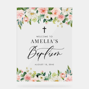 Panneau En Acrylique Aquarelle Baptême Floral Blanc et Blush