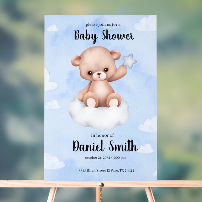 Panneau En Acrylique Aquarelle bleu Ours en tourbe pour Baby shower (Neutre)