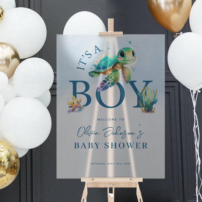 Panneau En Acrylique Aquarelle bleue sous le Baby shower marin Accueil (Blue Watercolor Under the Sea Baby Shower Welcome Acrylic Sign)