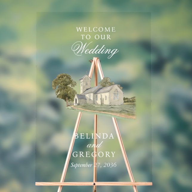 Panneau En Acrylique Aquarelle Eglise traditionnelle Monogramme Mariage (Neutre)