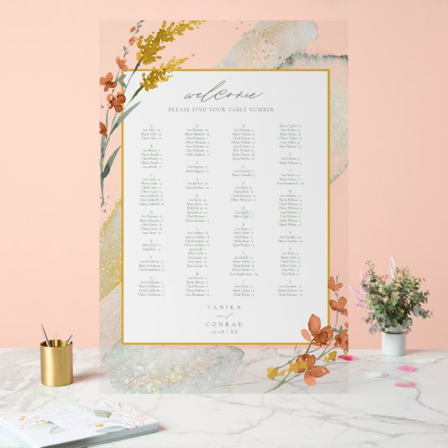 Panneau En Acrylique Aquarelle fleur sauvage Mariage Welcome Gold ID954 (Mariage)