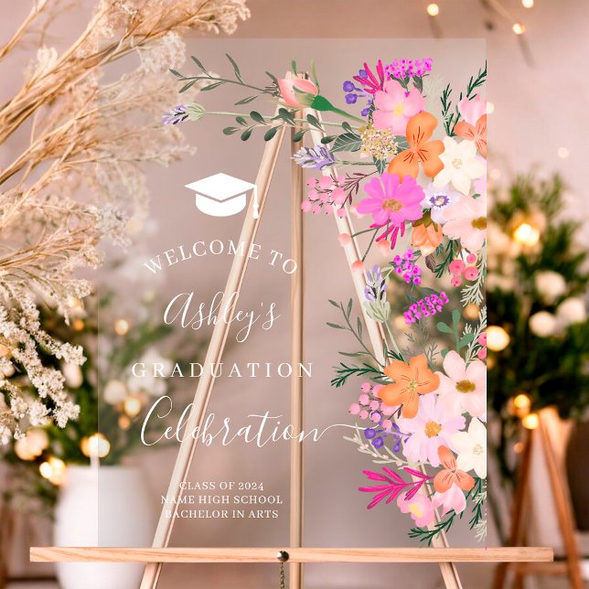 Panneau En Acrylique Aquarelle fleurie chic lavande bienvenue (Chic lavender floral watercolor graduation welcome acrylic sign)