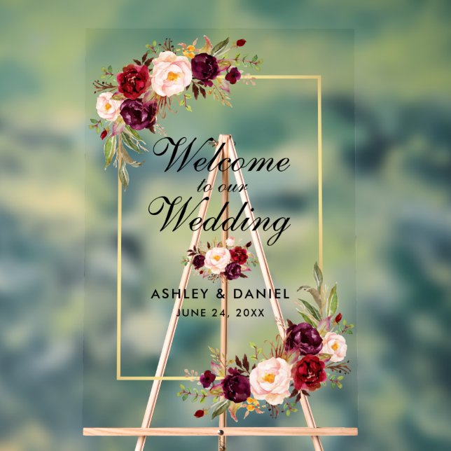 Panneau En Acrylique Aquarelle Floral Bourgogne Gold Mariage Bienvenue (Neutre)