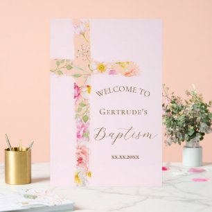 Panneau En Acrylique aquarelle florale croix Bienvenue baptême