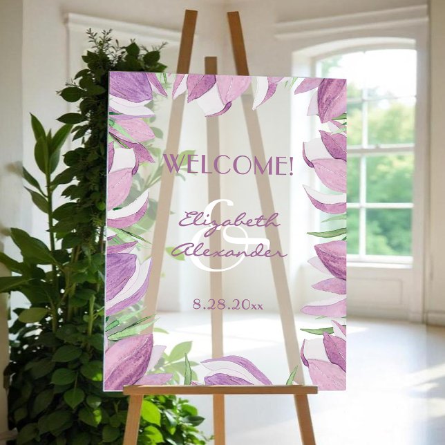 Panneau En Acrylique Aquarelle Magnolia Floral Mariage Bienvenue (Watercolor magnolia flowers wedding welcome acrylic sign)