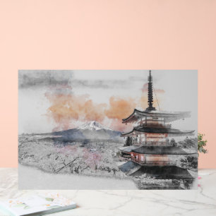 Panneau En Acrylique Aquarelle Pagode Japonaise & Mont Fuji