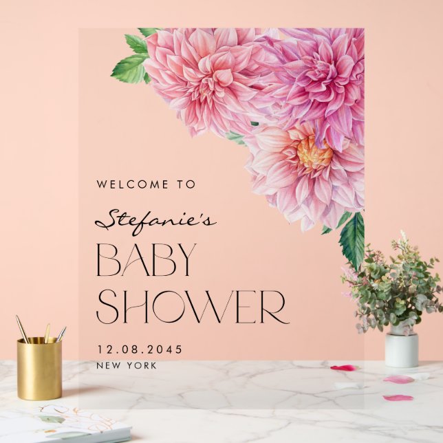 Panneau En Acrylique Aquarelle rose Baby shower de printemps Dahlia (Mariage)