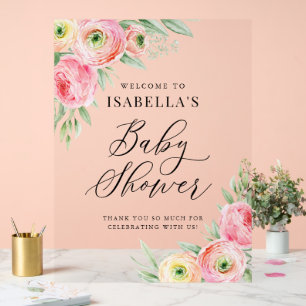 Panneau En Acrylique Aquarelle rose Ranunculus Baby shower Bienvenue