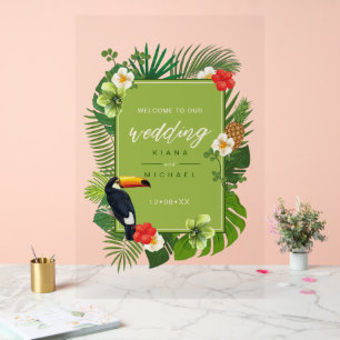 Panneau En Acrylique Aquarelle Tropical Mariage Welcome Green ID577