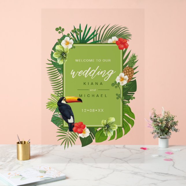 Panneau En Acrylique Aquarelle Tropical Mariage Welcome Green ID577 (Mariage)