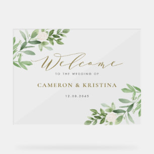 Panneau En Acrylique Aquarelle vert et fleurs blanches Mariage