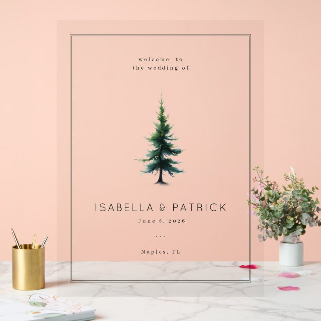 Panneau En Acrylique Arbre à feuilles persistantes vert tranquille (Mariage)