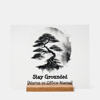 Panneau En Acrylique Arbre Bonsaï Minimaliste Signe de Bureau Zen Encre