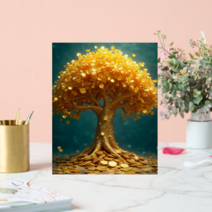 Panneau En Acrylique arbre d'argent doré pièces d'or argent heureux
