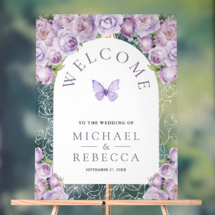 Panneau En Acrylique Arc en fleurs violettes papillon mariage Bienvenue