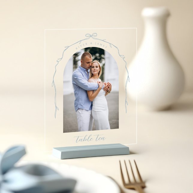 Panneau En Acrylique Arch Photo Blue Bow & Ribbon Mariage Numéro de tab (Arch Photo Blue Bow & Ribbon Wedding Table Number Acrylic Sign)