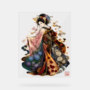 Panneau En Acrylique Art de Geisha japonaise Kimono et fleurs saisonn