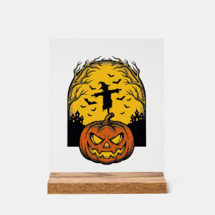 Panneau En Acrylique Art de l'épouvantail de lune de citrouille d'Hallo