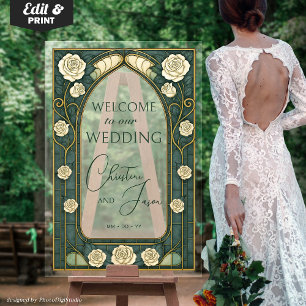 Panneau En Acrylique Art Nouveau Mariage Bienvenue Verre Teinté Vert 