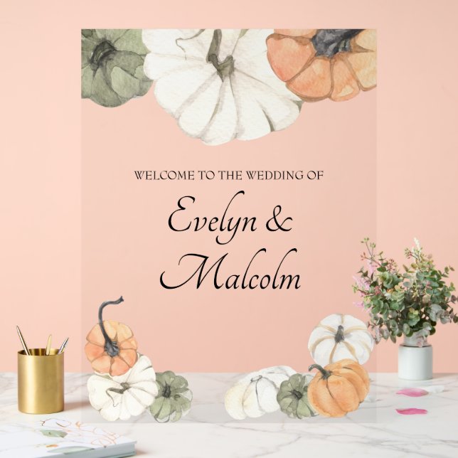 Panneau En Acrylique Automne Rustique Automne Blanc, Orange Citrouille  (Mariage)