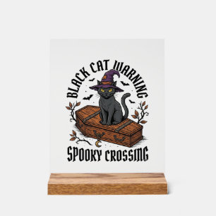 Panneau En Acrylique Avertissement Chat Noir Halloween Sorcière Vintage