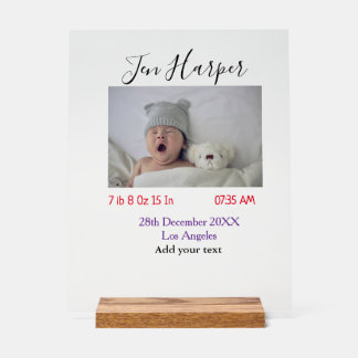 Panneau En Acrylique Baby birth stats add name place date keepsake memo