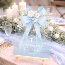 Panneau En Acrylique Baby Boy Baptism Elegant Blue Eucalyptus Bow