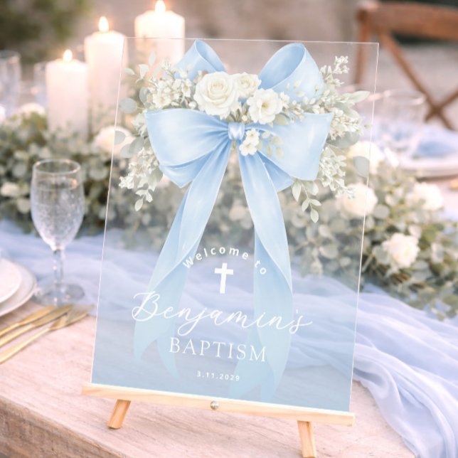 Panneau En Acrylique Baby Boy Baptism Elegant Blue Eucalyptus Bow (Créateur téléchargé)