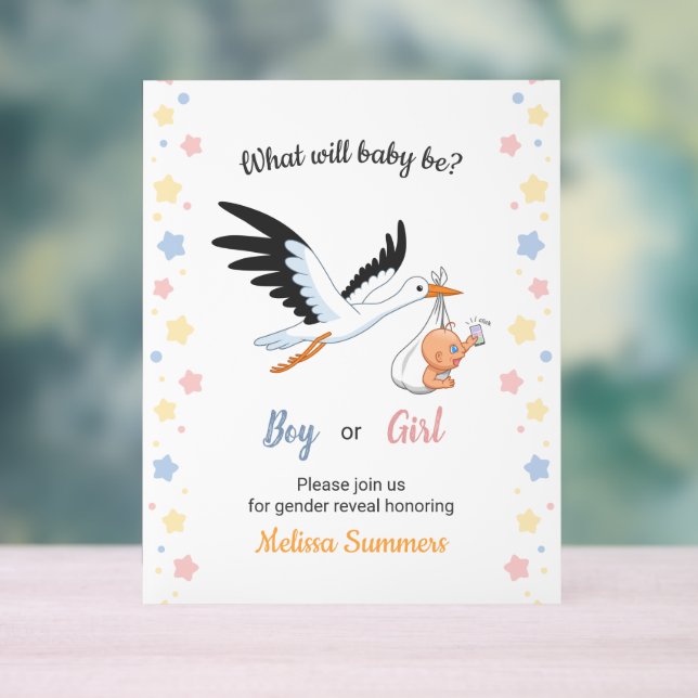 Panneau En Acrylique Baby Boy Girl Stork Genre Reveal Party Invitation (Neutre)