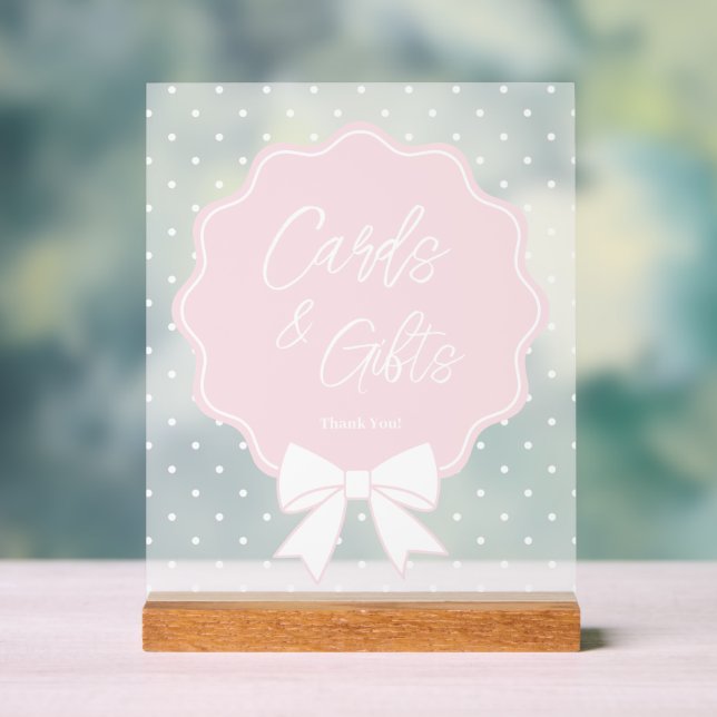 Panneau En Acrylique Baby Pink & White Bow Pois Cartes et cadeaux (Neutre)